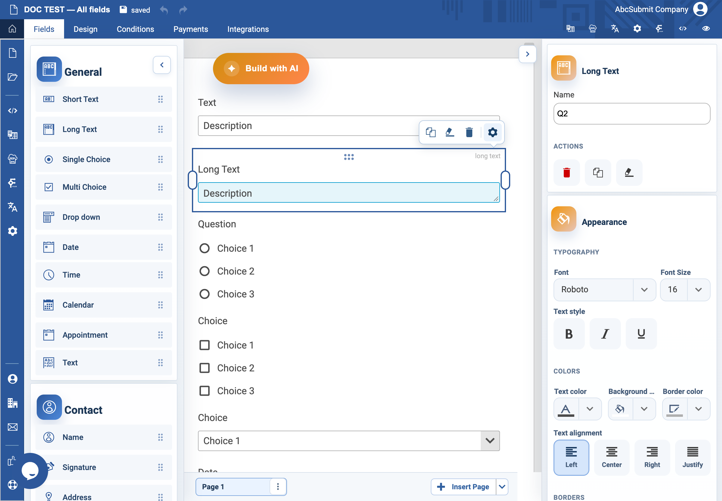 Long Text v2 settings drawer.
