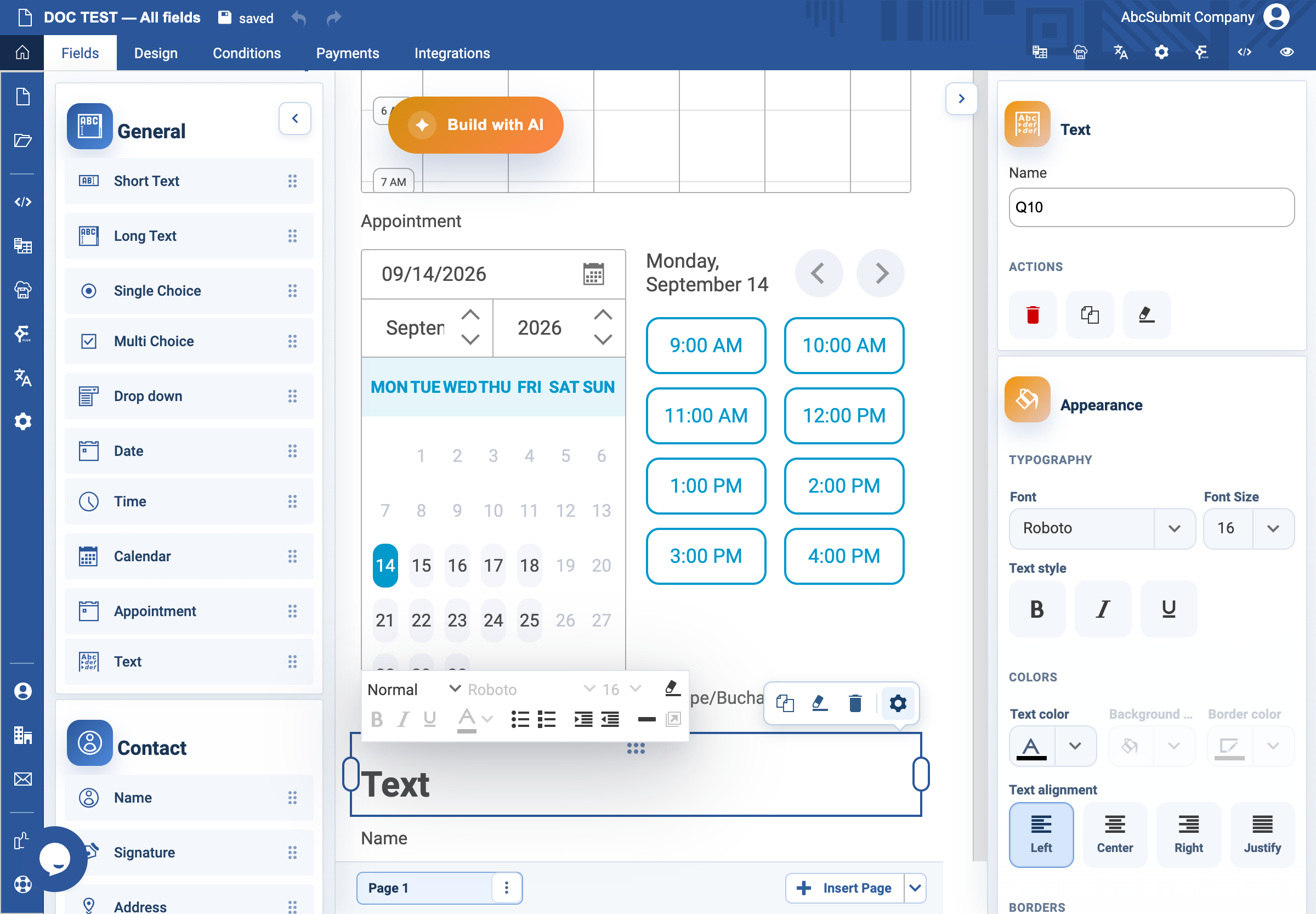 Text v2 settings drawer.