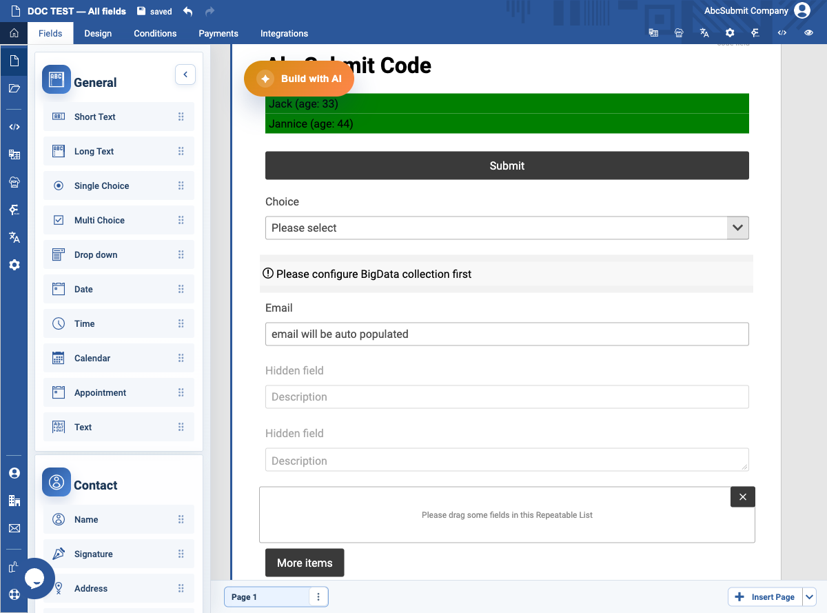 Page Break visible in the v2 example form.