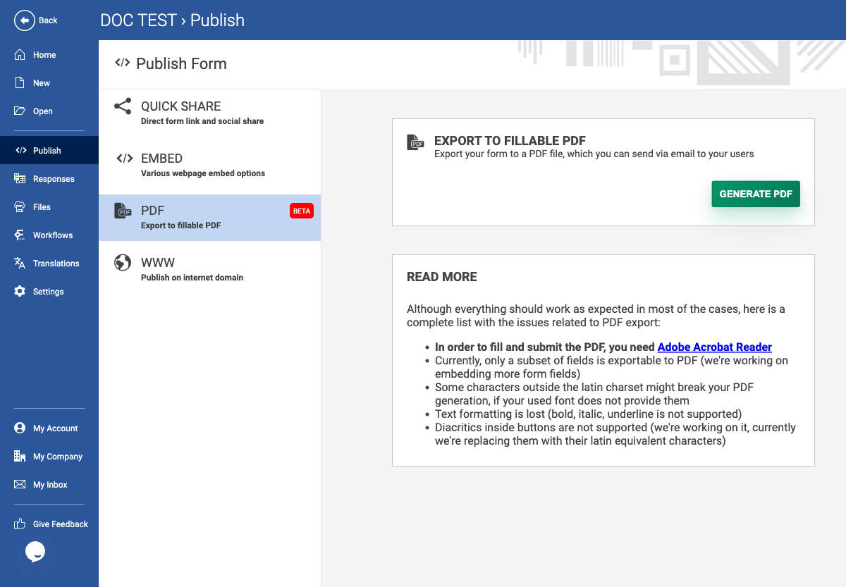 Live PDF export panel and its limitations.